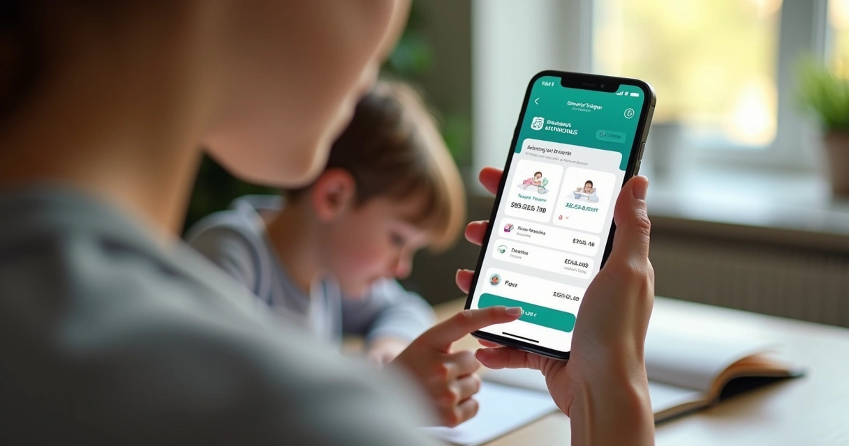 Responsável acessando conta digital escolar pelo celular mostrando saldo e opções de pagamento 