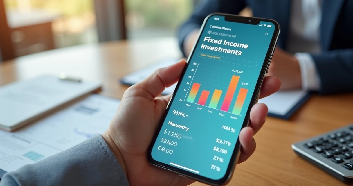 Tela de smartphone exibindo aplicativo de conta digital com gráficos de investimento em renda fixa 
