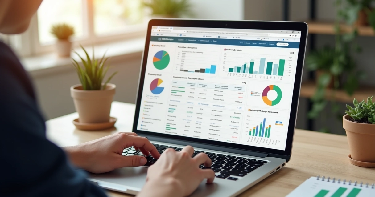 Pessoa usando computador com interface digital de gestão financeira para ONGs em ambiente moderno e iluminado 