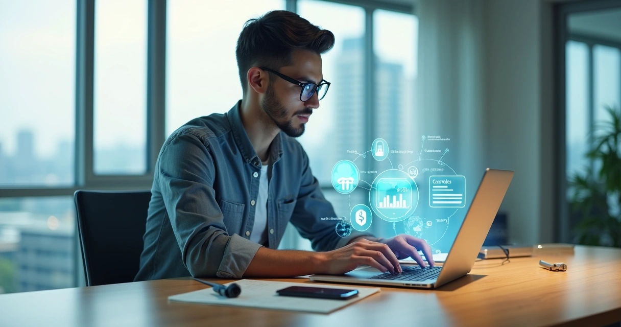 Empresário de tecnologia abrindo conta digital PJ no notebook 