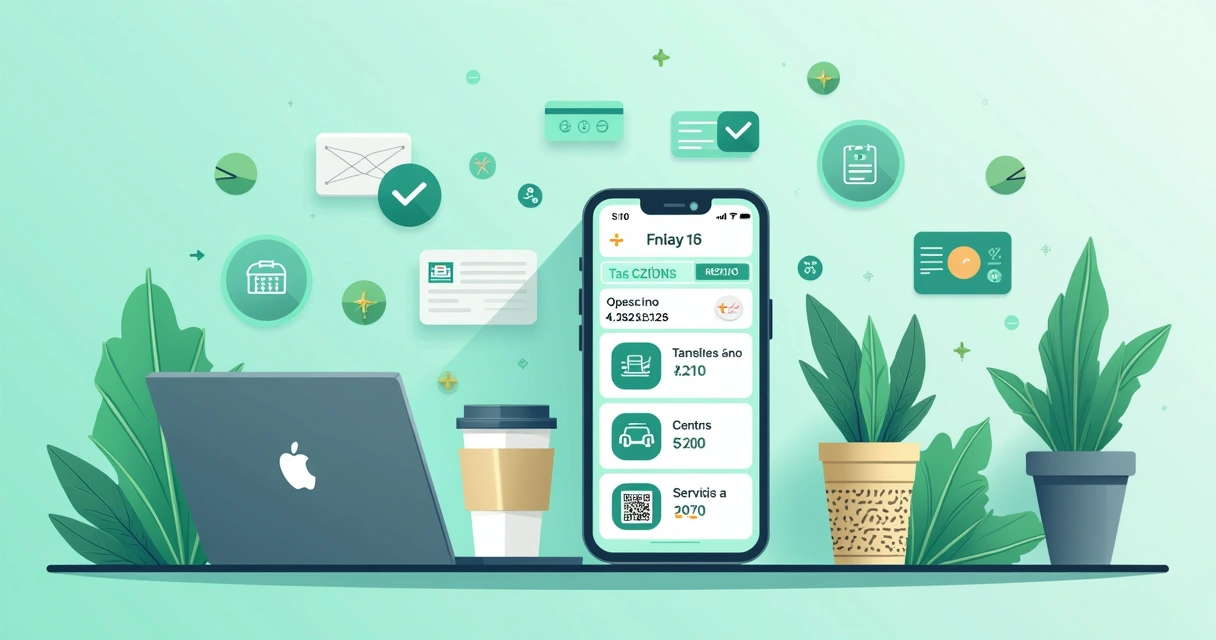 Ilustração de um smartphone com conta digital e aplicativos, mostrando modernidade e eficiência financeira.