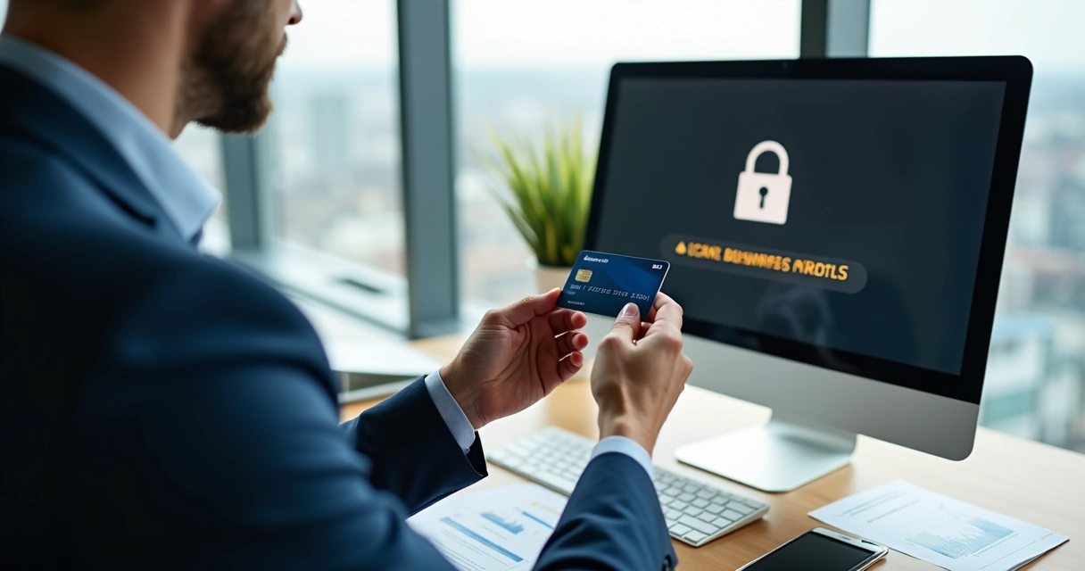 Representação de mãos segurando um cartão empresarial bloqueado em frente a um monitor com alerta vermelho. 