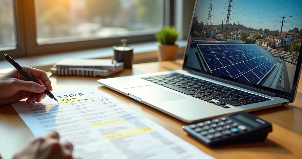 Conta de luz destacando custo de Fio B ao lado de placas solares em telhado urbano 