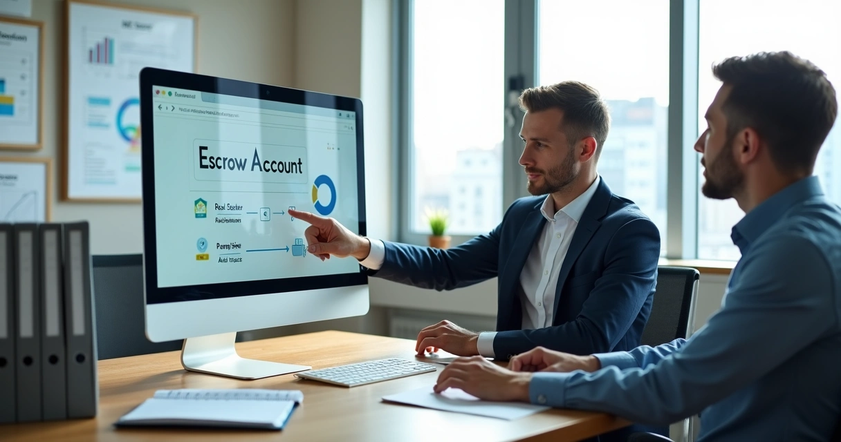 Profissional de contabilidade analisa contrato de conta escrow em tela de computador ao lado de empresária PME 