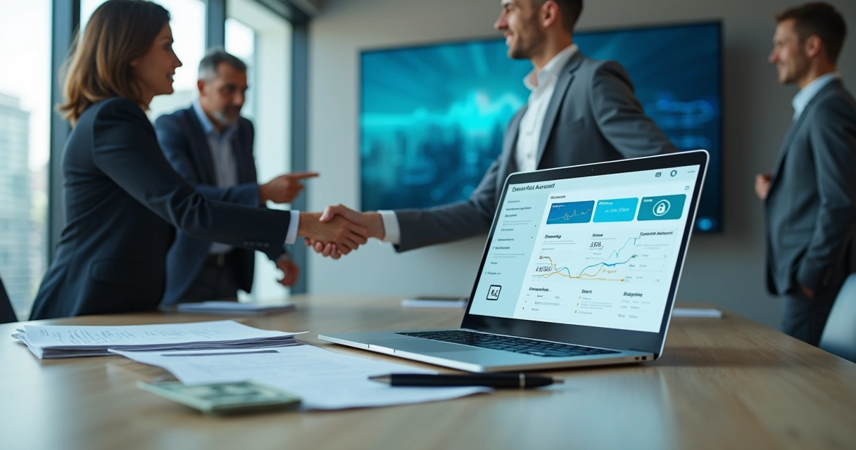 Empresários apertando as mãos diante de tela com conta escrow e dinheiro bloqueado 