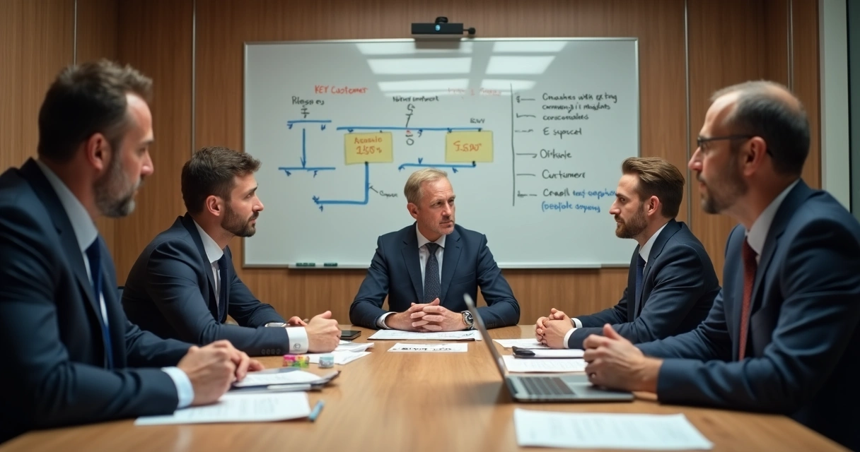 Grupo em reunião de negócios, destaque para CEO e cliente chave