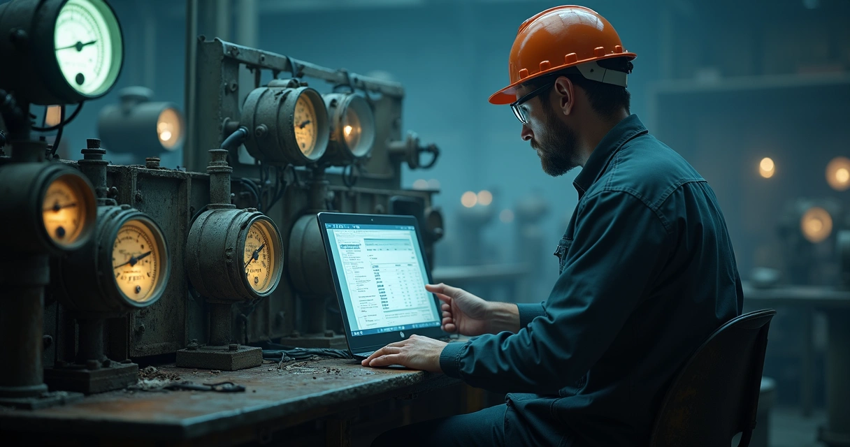 Técnico de manutenção analisa conta de energia elevada junto a equipamentos industriais antigos. 