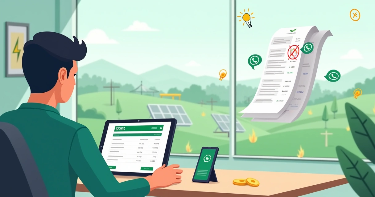 Usuário acompanhando conta da Cemig em tablet com ícones de economia e energia solar 