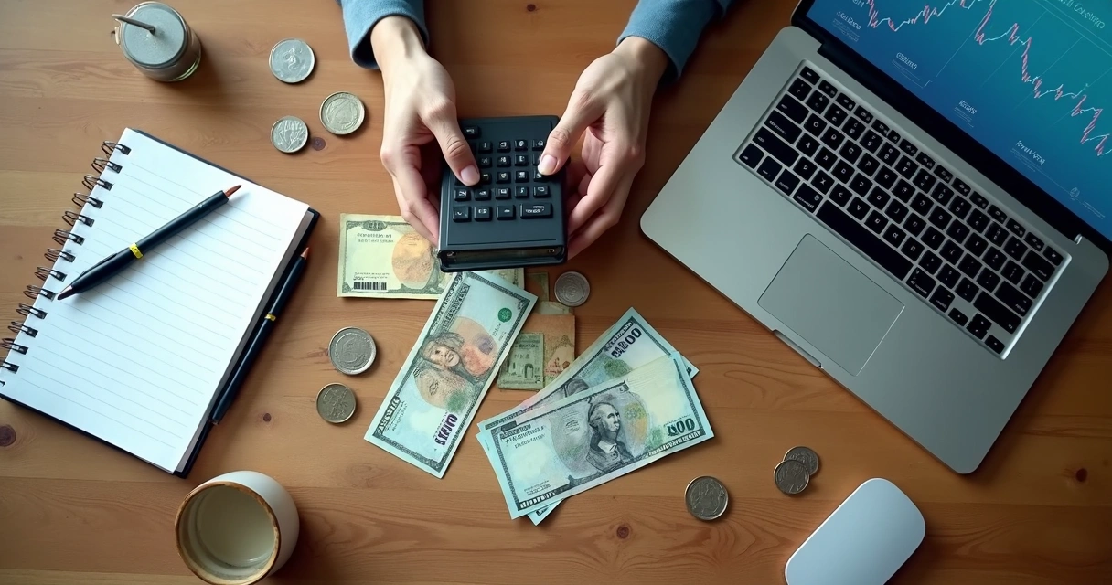 Várias moedas sobre uma mesa de trabalho, destacando diferentes cédulas e moedas estrangeiras 
