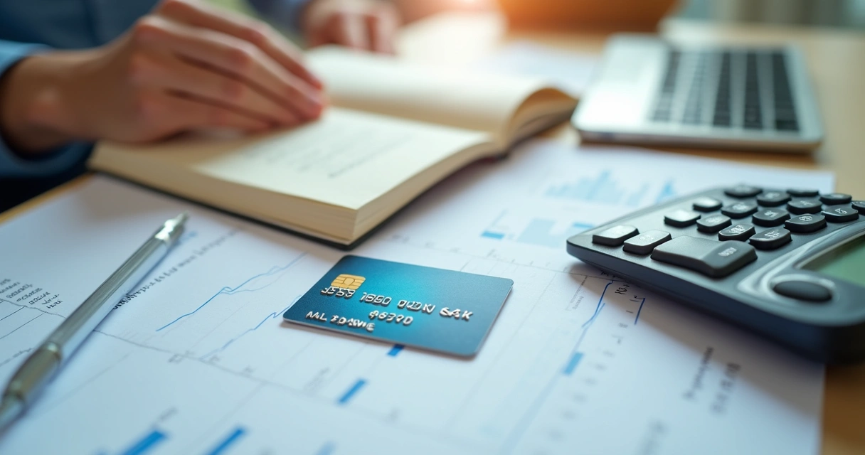 Cartão empresarial ao lado de notebook e relatórios financeiros 
