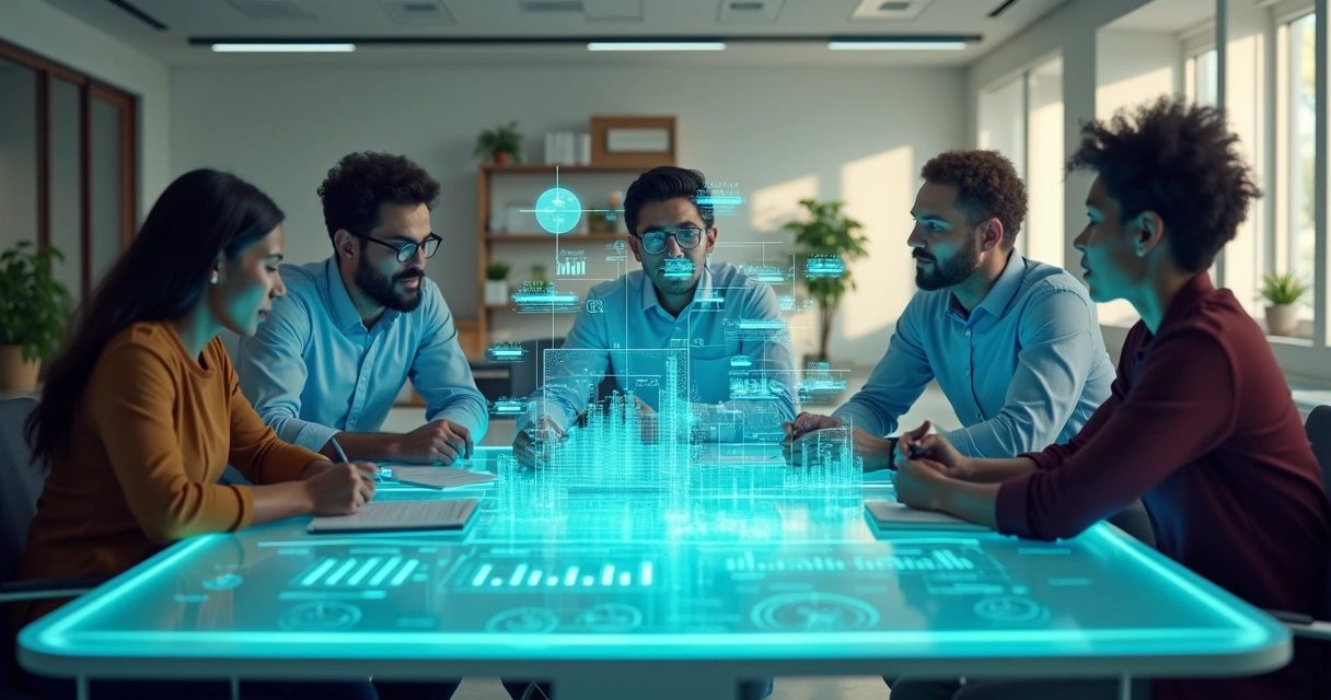 Equipe contábil em reunião digital com gráficos virtuais 