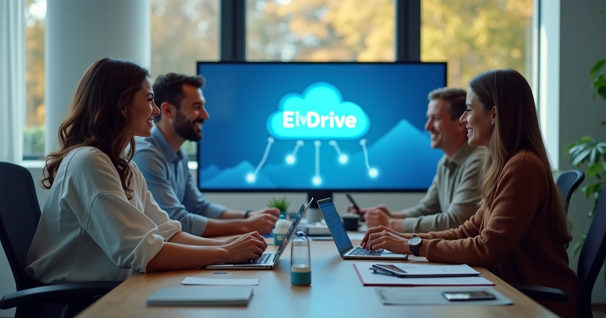 Equipe contábil compartilhando arquivos digitais em nuvem em ambiente moderno de escritório 