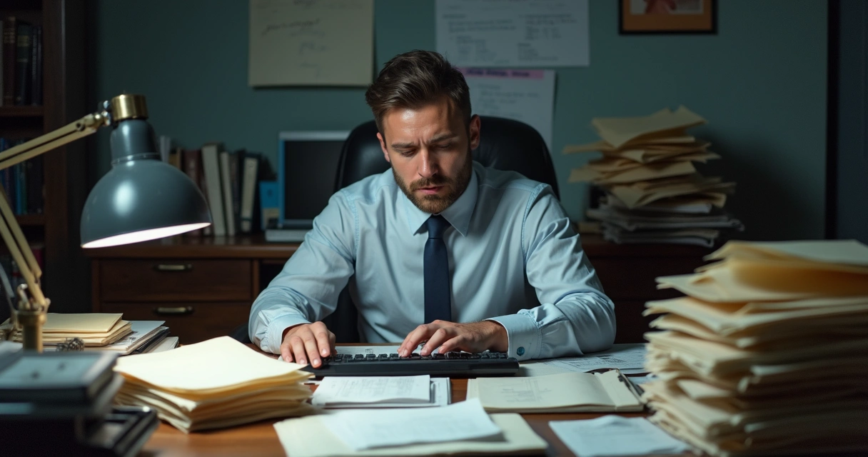 Contador digitando dados em computador cercado de pilhas de papel 