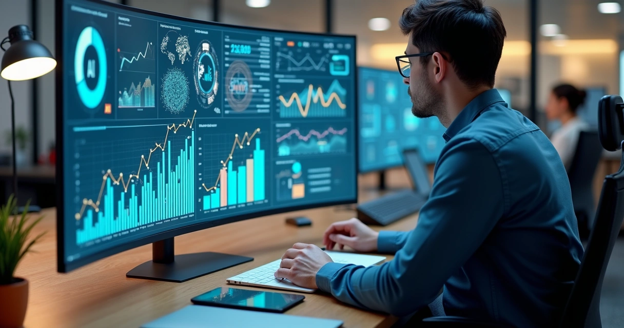 Profissional de contabilidade analisando painel digital com gráficos e ícones de inteligência artificial 