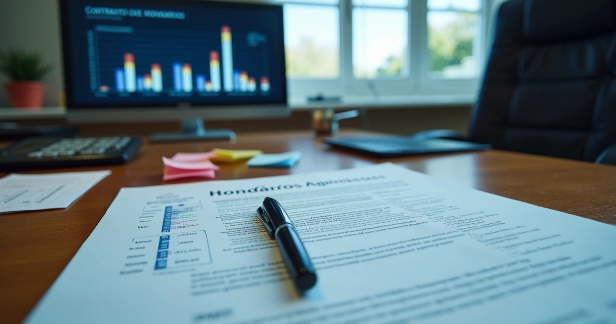 Mesa de escritório com planilhas, calculadora e contrato de advocacia