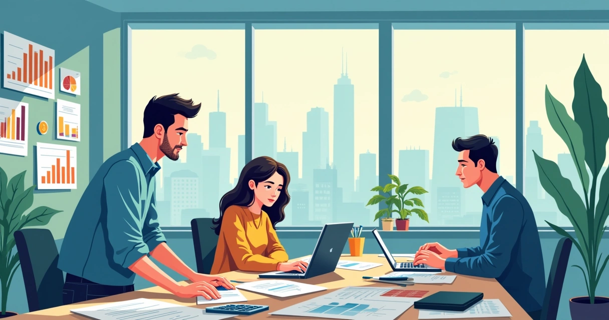 Ambiente de escritório moderno com profissionais de contabilidade diversificados analisando dados financeiros.