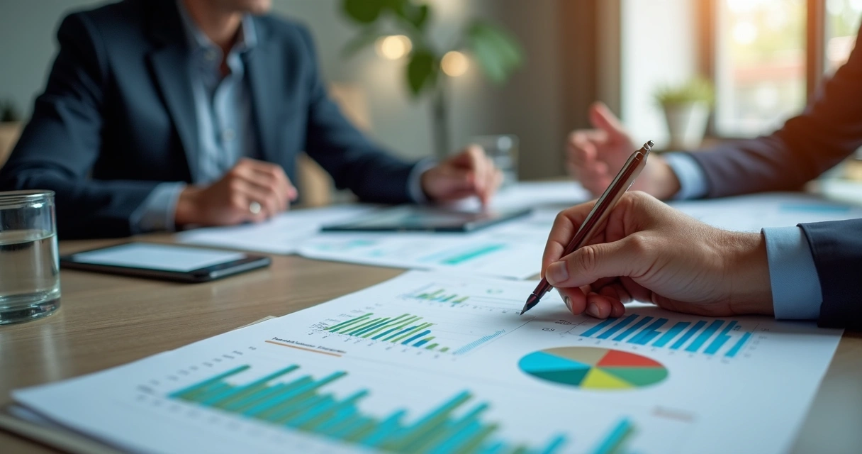 Contador analisando relatórios financeiros coloridos ao lado de cliente em sala de reunião. 