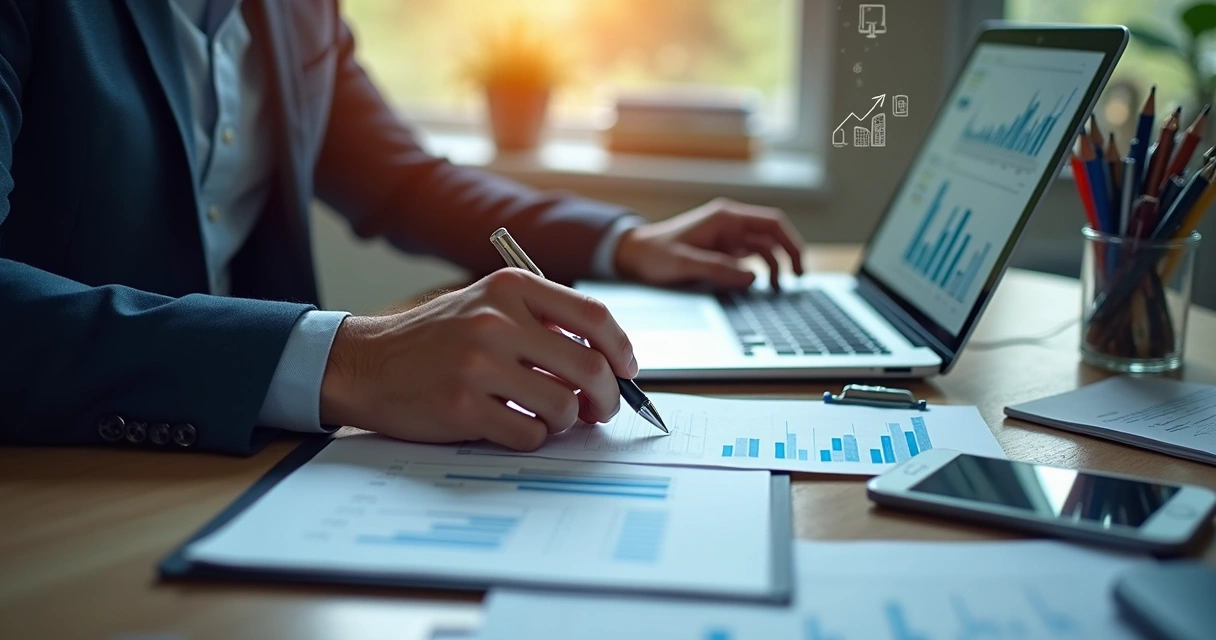 Mesa de escritório com computador, gráficos e contador analisando dados financeiros 