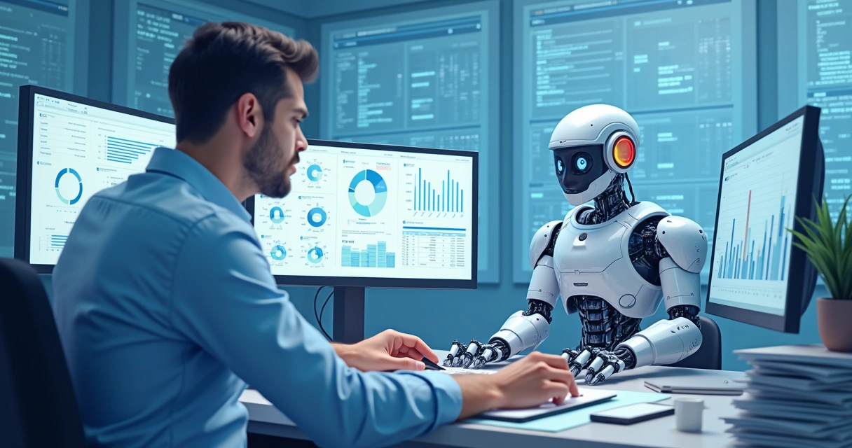 Contador analisa gráficos com robô digital ao lado, representando automação contábil 