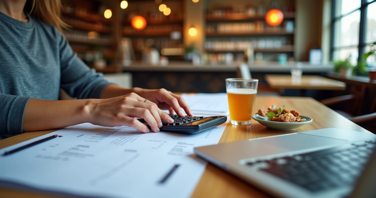 Pessoa analisando planilhas fiscais de restaurante na mesa com notas e computador 