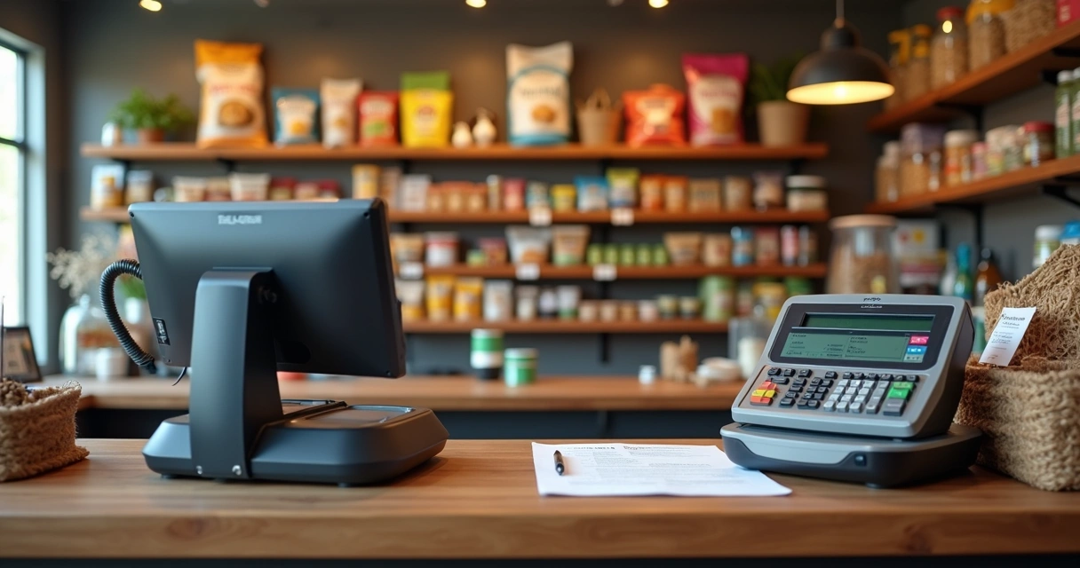 Segmentação fiscal para casas de ração: por que isso importa? 1 Balcão de loja de casa de ração com produtos organizados e caixa registradora