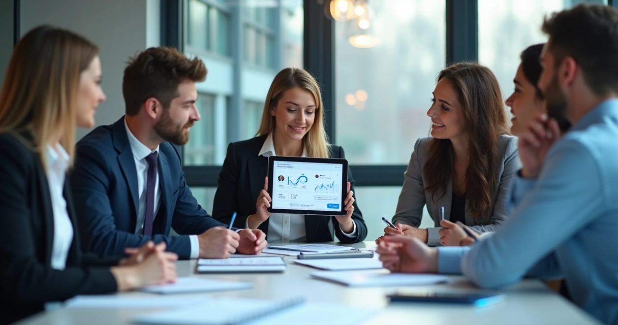 Equipe de contabilidade usando tablet com chatbot na tela 