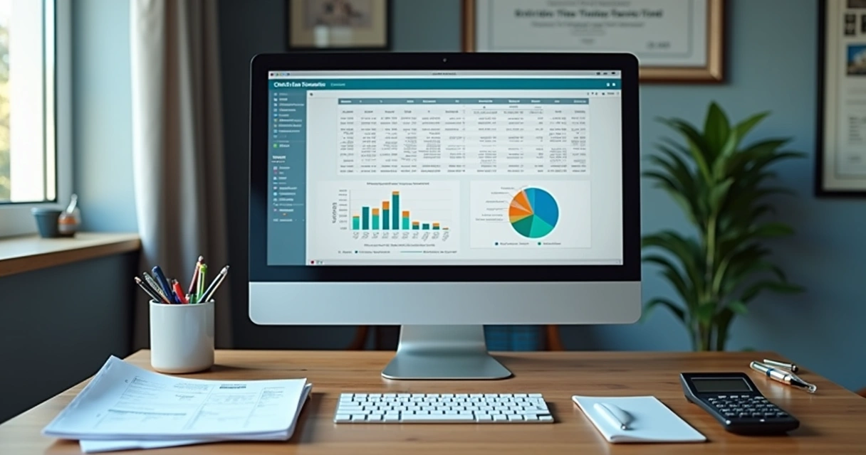 Análise de contas de clínica em computador 