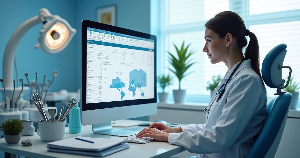 Dentista usando computador com planilhas financeiras de uma clínica odontológica na tela 