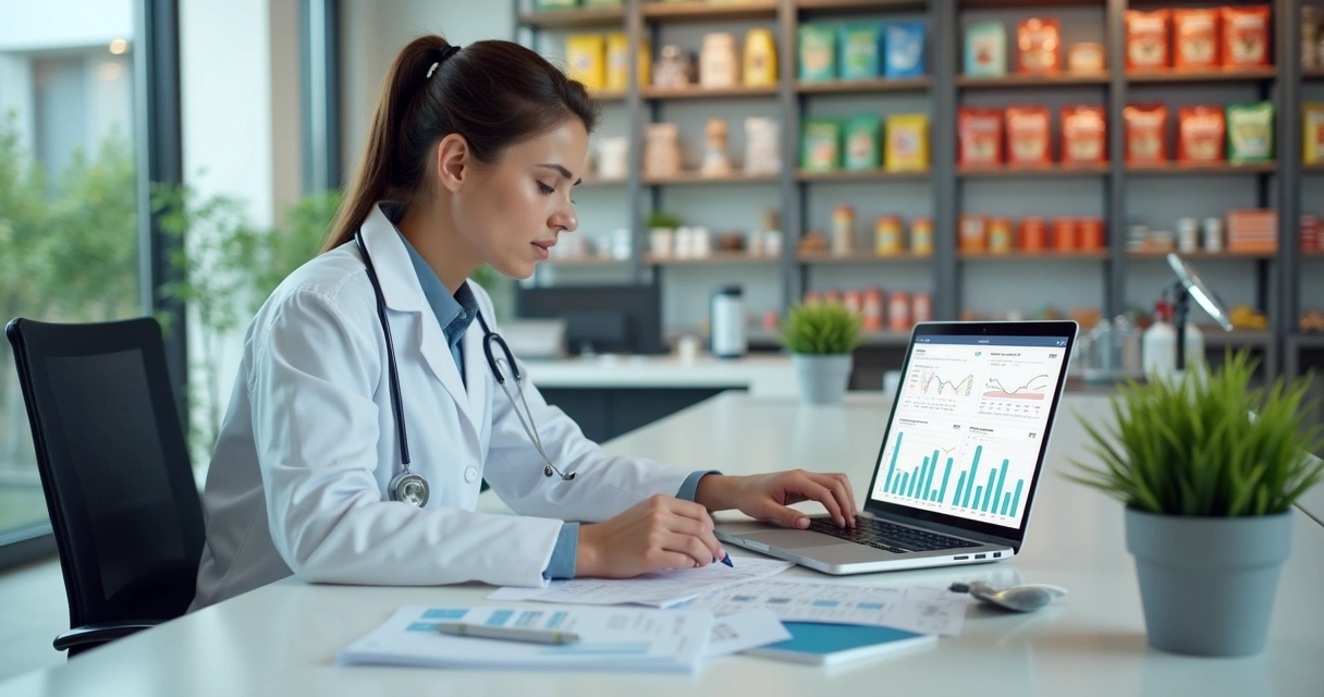 Contador analisando planilhas e documentos ao lado de produtos para animais 