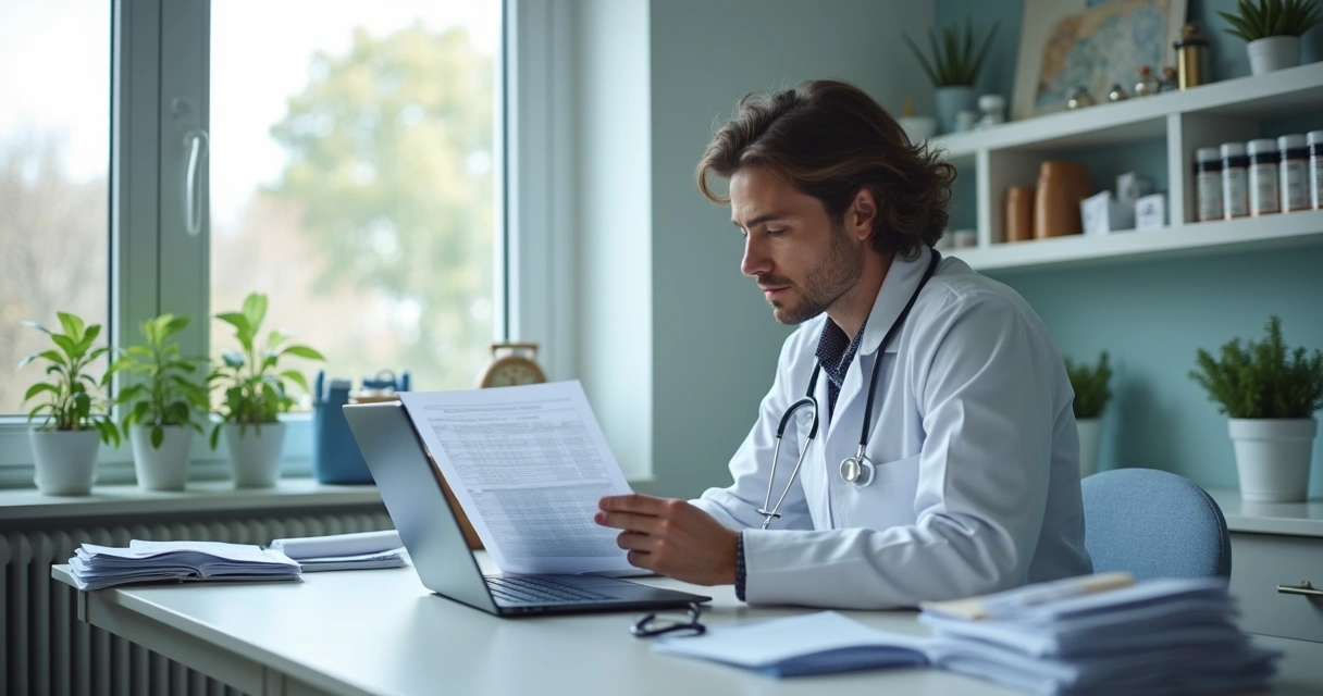 Veterinário analisando documentos e computador em clínica moderna 