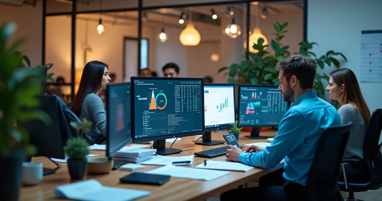 Equipe em escritório contábil, computadores com sistemas abertos e papéis organizados. 