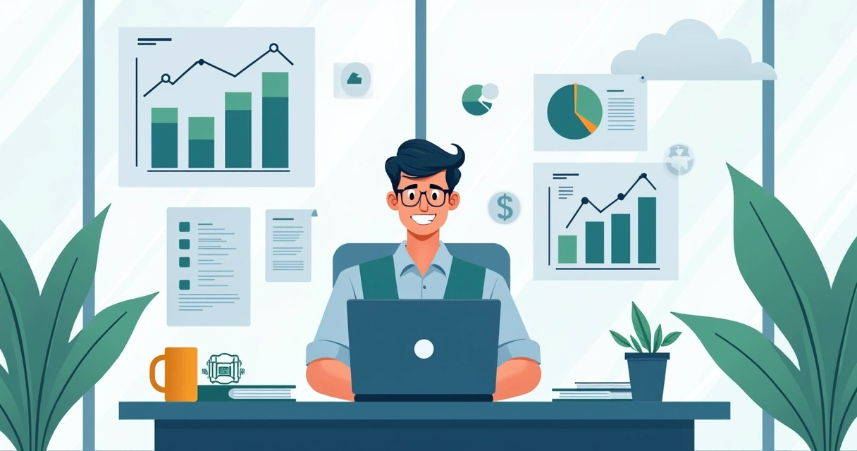 Contador com planilhas e gráficos digitais na mesa 