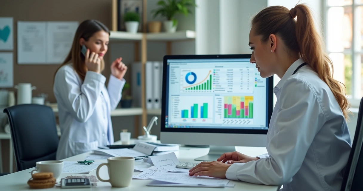 Contador faz conciliação bancária usando computador em consultório médico