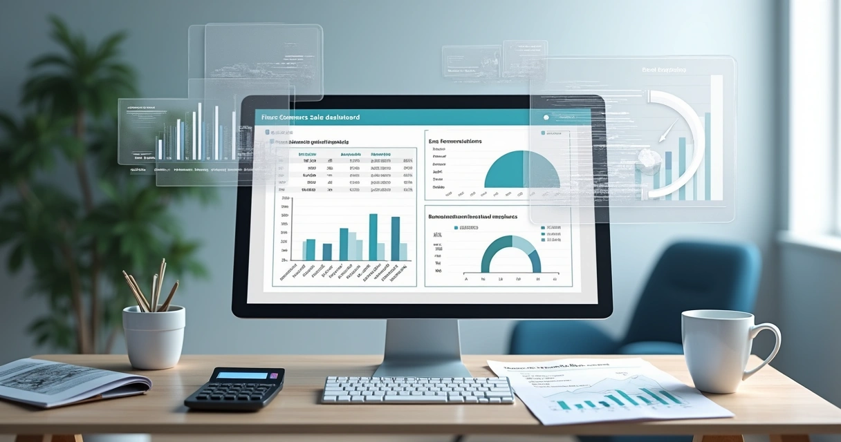 Mesa com computador, planilha fiscal e calculadora, ilustração moderna de e-commerce