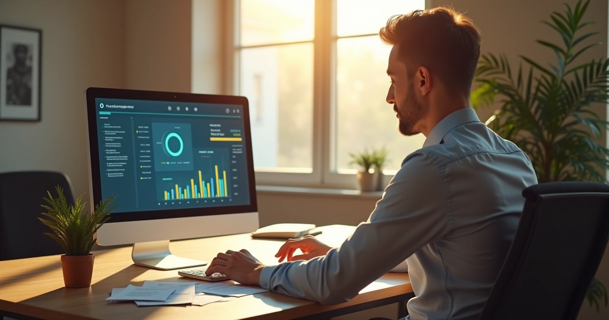 Profissional usando sistema de contabilidade digital em empresa pequena 