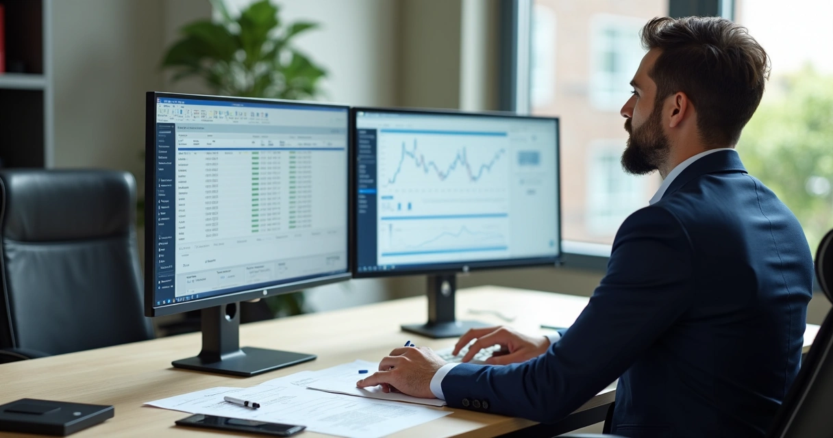 Contador analisando documentos digitais na tela do computador