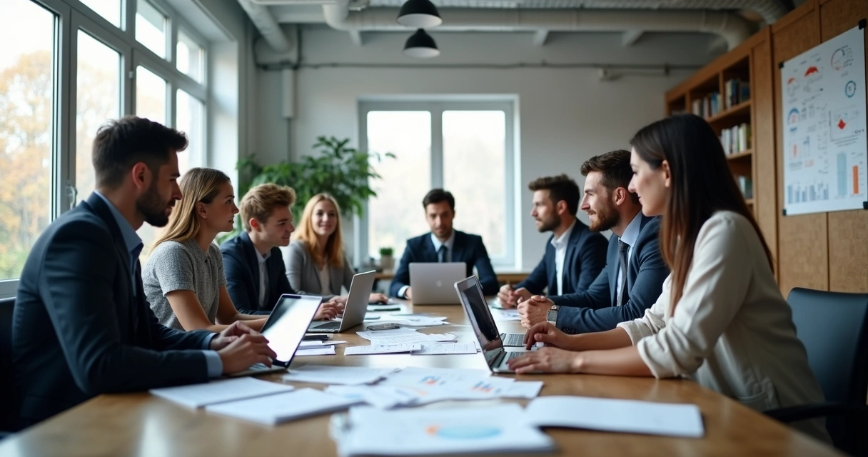 Profissionais de tecnologia conversando com contador pessoal em reunião moderna, papéis e computadores sobre a mesa