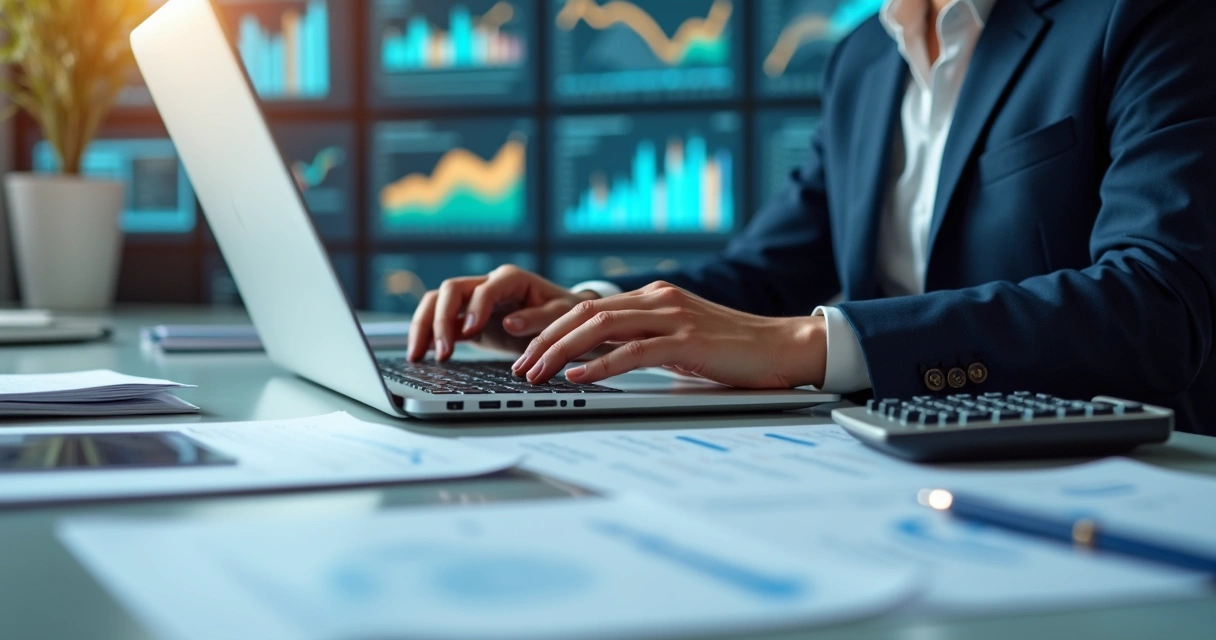 Contador digitando em notebook em escritório de contabilidade moderno 