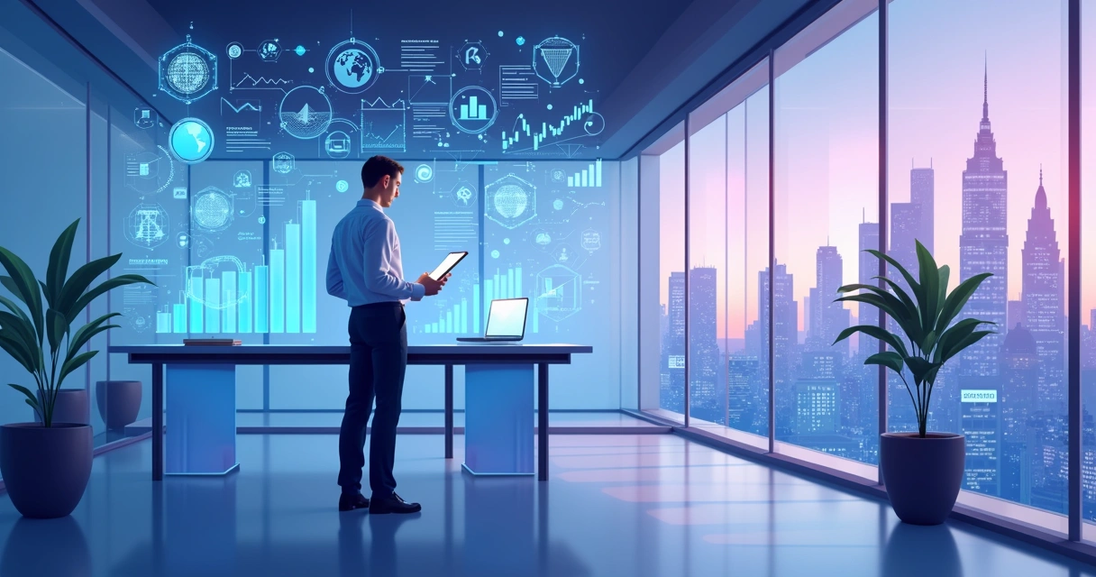 Contador moderno em ambiente digital com hologramas de dados 