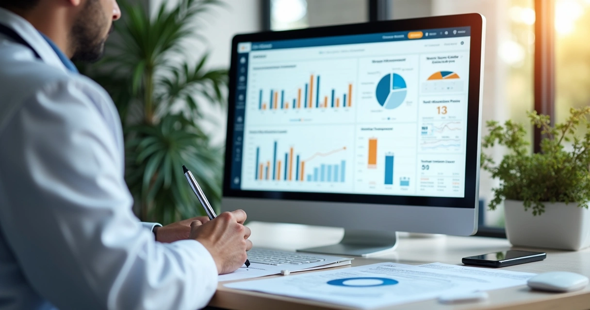 Tela de computador com dashboard financeiro de consultório médico, médico analisando gráficos.