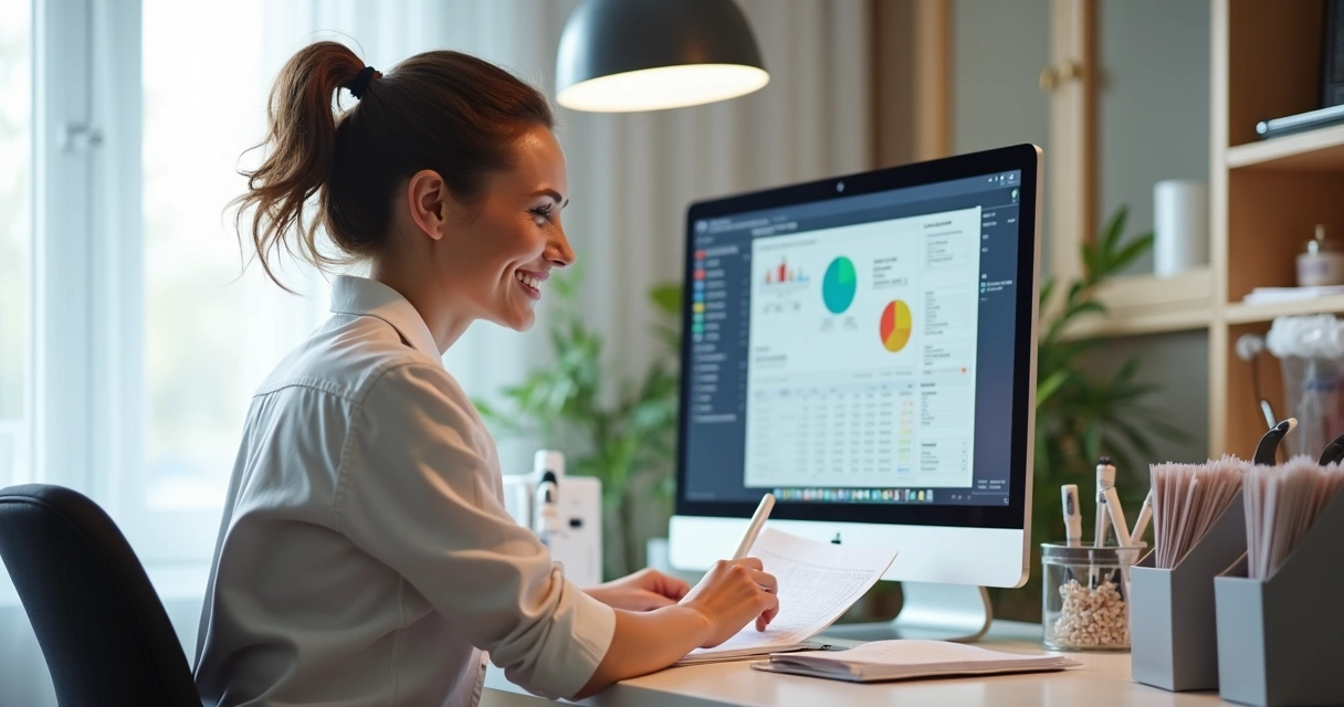 Profissional diante de computador analisando documentos de contabilidade digital em salão de beleza