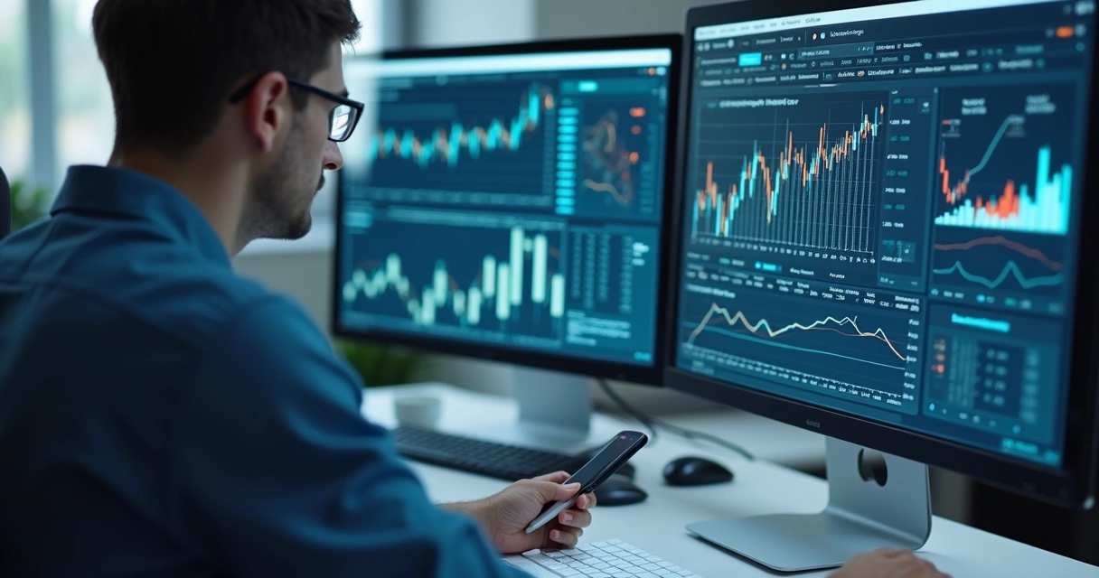 Profissional analisando gráficos digitais em computador 