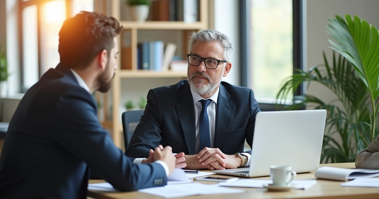 Contador sentado em mesa com notebook, em reunião atenciosa com cliente