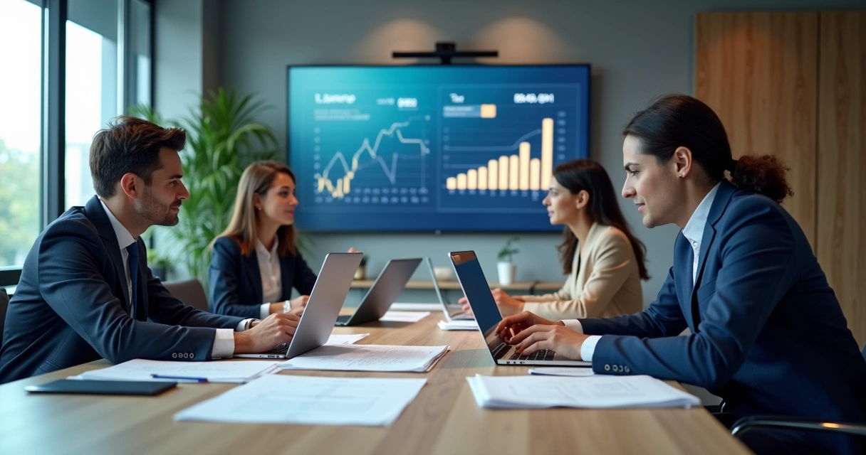 Equipe reunida discutindo gestão contábil digital em mesa de escritório moderno