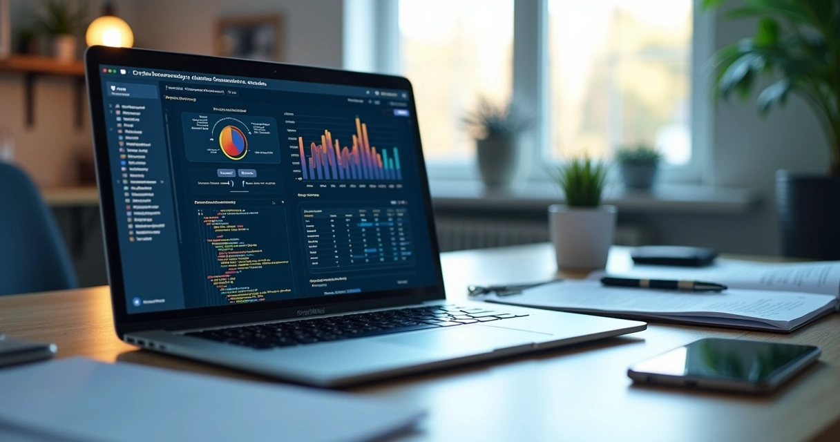 Mesa moderna com computador, notas fiscais, smartphone e código de programação na tela