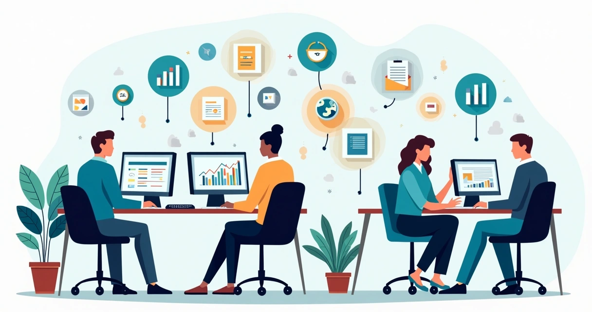 Ilustração mostrando uma equipe contábil conectada a várias áreas, incluindo planejamento tributário e consultoria financeira. 
