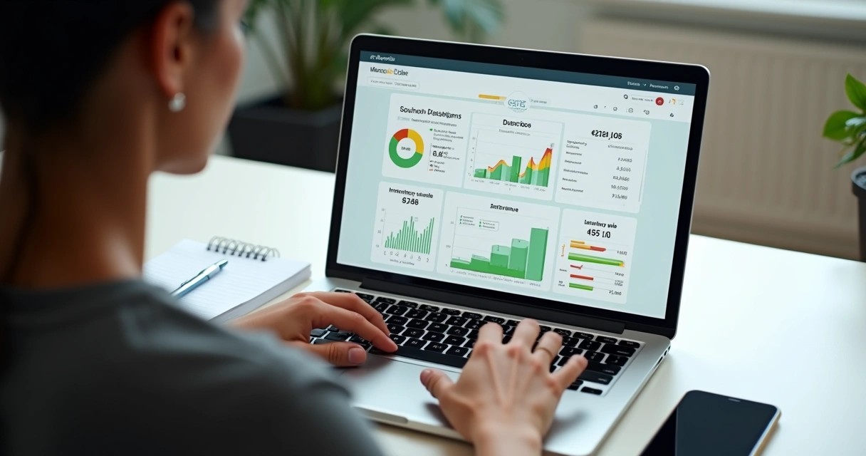 Pessoa usando notebook para controlar vendas e impostos no Mercado Livre com gráficos financeiros na tela 