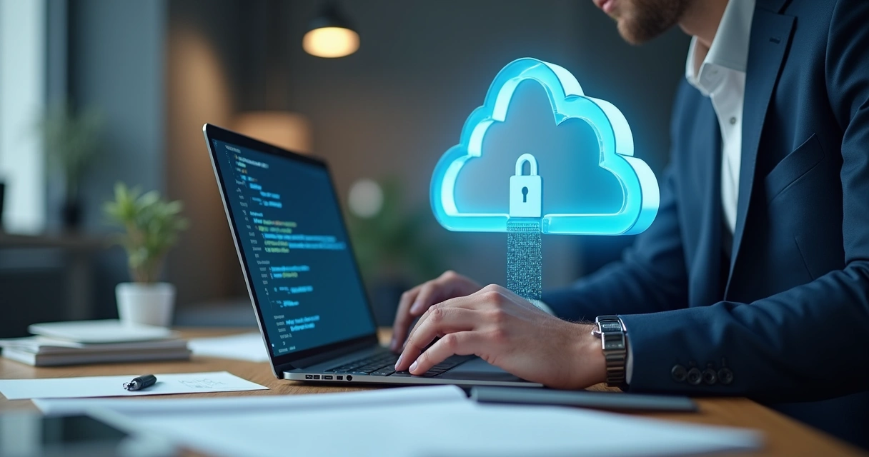 Contador acessando software de gestão em notebook, com ícones de banco de dados e nuvem ao fundo. 