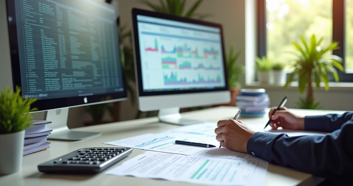 Mesa de escritório com computador, documentos, calculadora, e pessoa analisando papéis de contabilidade 