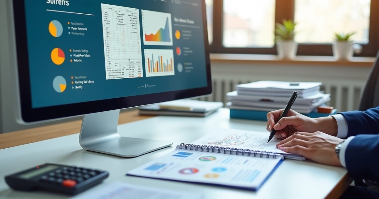 Contador analisando dados de ERP com relatórios financeiros